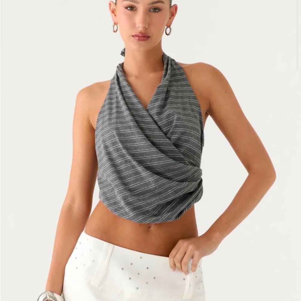 Peppermayo Gray Striped Halter Crop Top